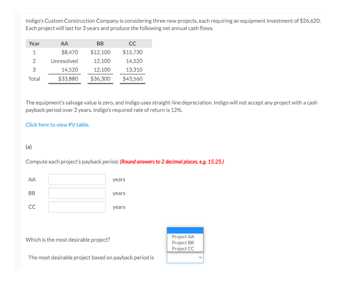  Indigo's Custom Construction Company is considering three new projects, each requiring