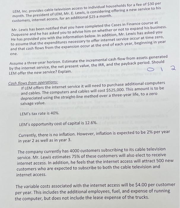 include work and formulas LEM, Inc. provides cable television access to individual