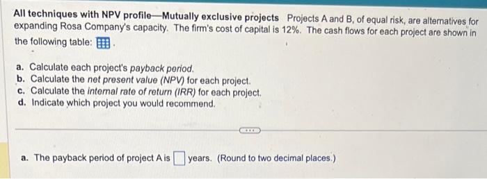  All techniques with NPV profile-Mutually exclusive projects Projects A and B,