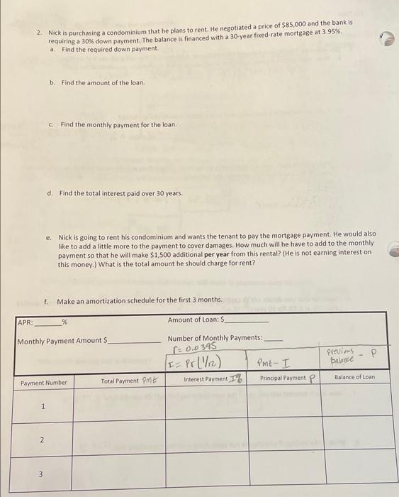  2. Nick is purchasing a condominium that he plans to rent.