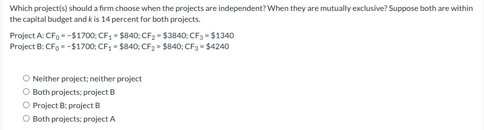  Which project(s) should a firm choose when the projects are independent?