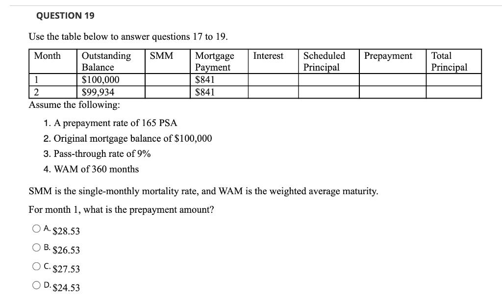 QUESTION 19 Use the table below to answer questions 17 to