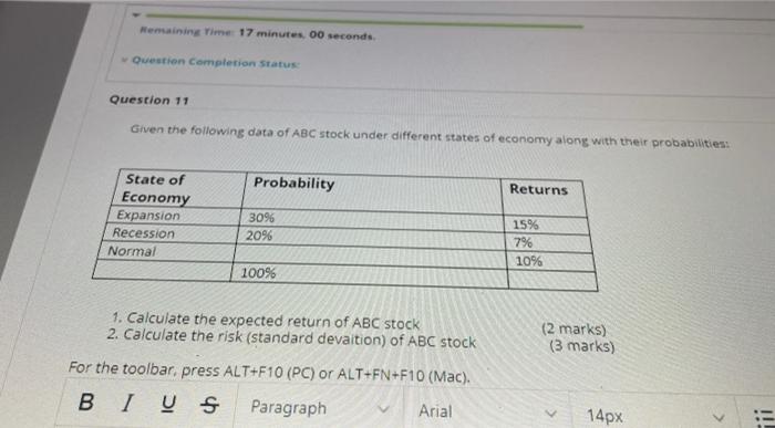  Nemaining Time 17 minutes, 00 seconds Question completion Status Question 11
