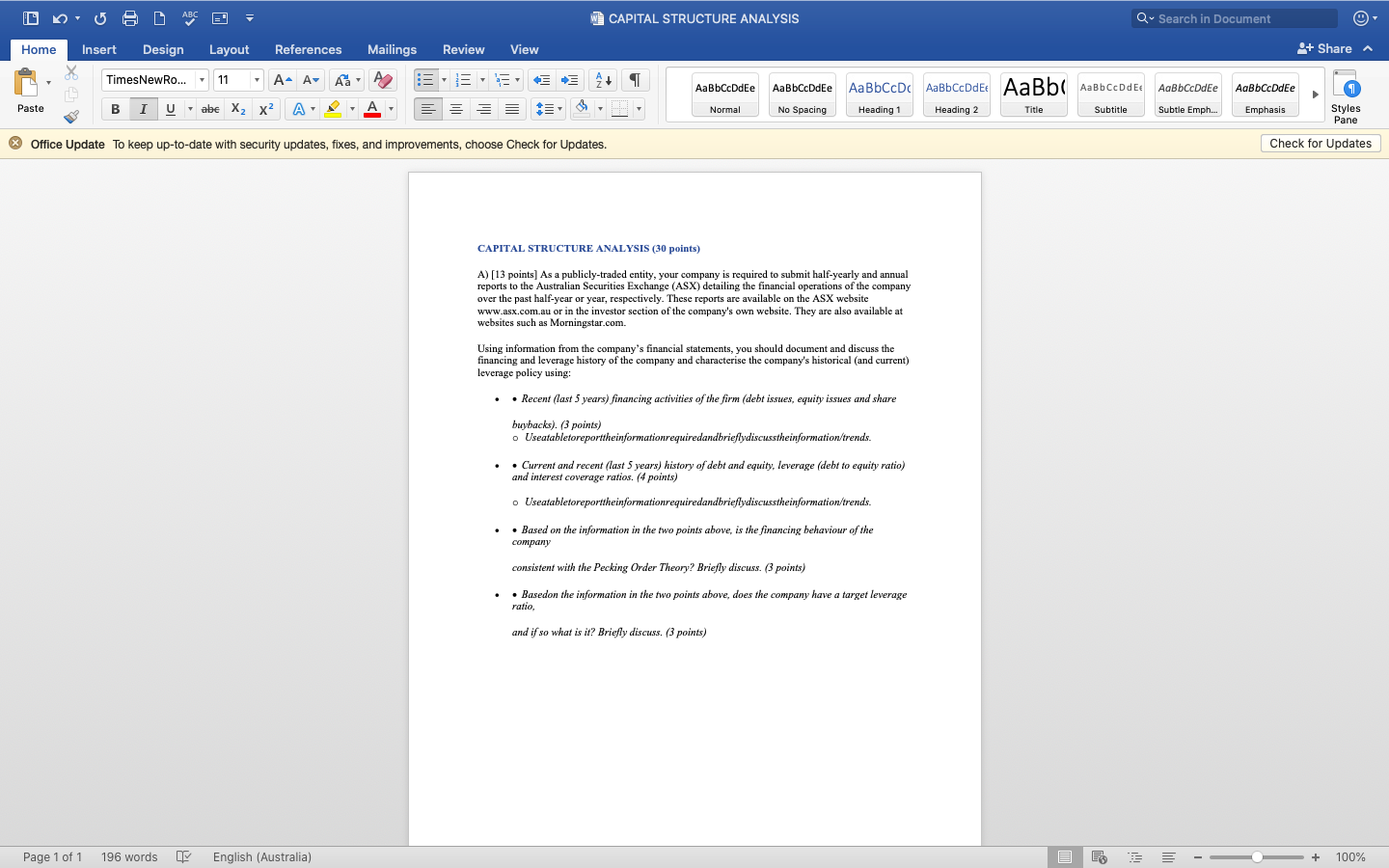CAPITAL STRUCTURE ANALYSIS (30 points) company name brickwork ltd A) As a