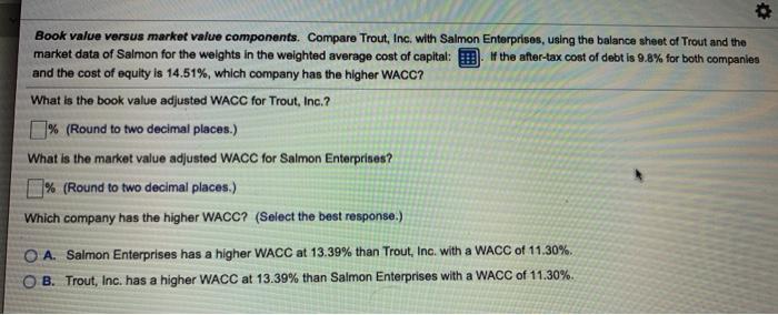  Book value versus market value components. Compare Trout, Inc. with Salmon