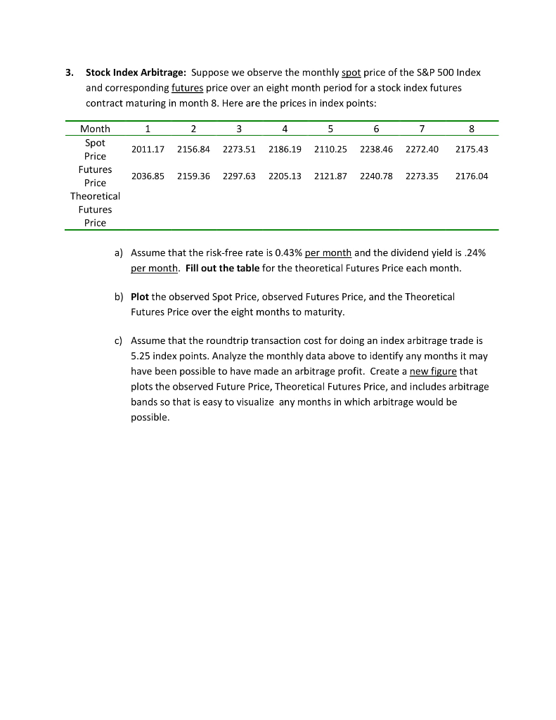 please answer a,b, and c 3. Stock Index Arbitrage: Suppose we observe