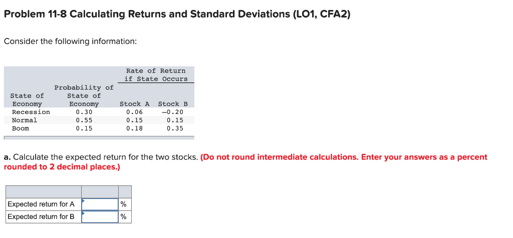  Problem 11-8 Calculating Returns and Standard Deviations (LO1, CFA2) Consider the