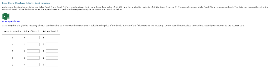 Excel Online Structured Activity: Bond valuation (Image isn't very clear. Here's the