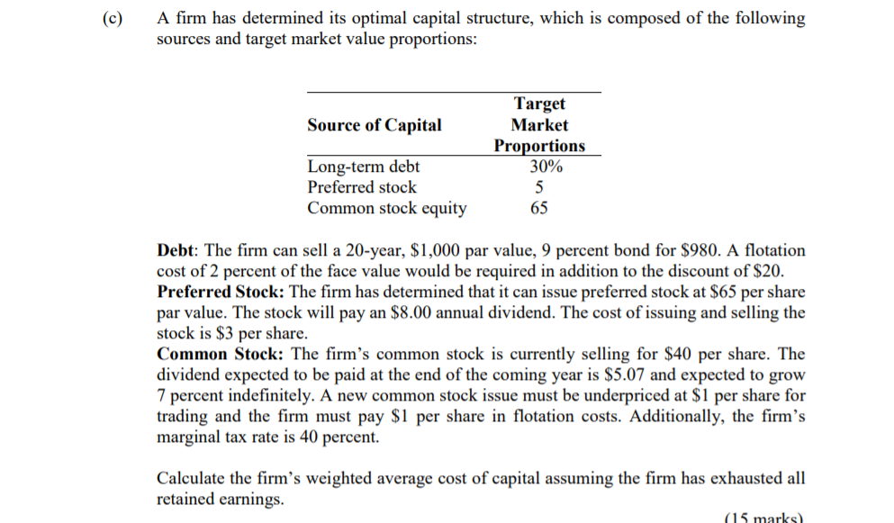 (c) A firm has determined its optimal capital structure, which is