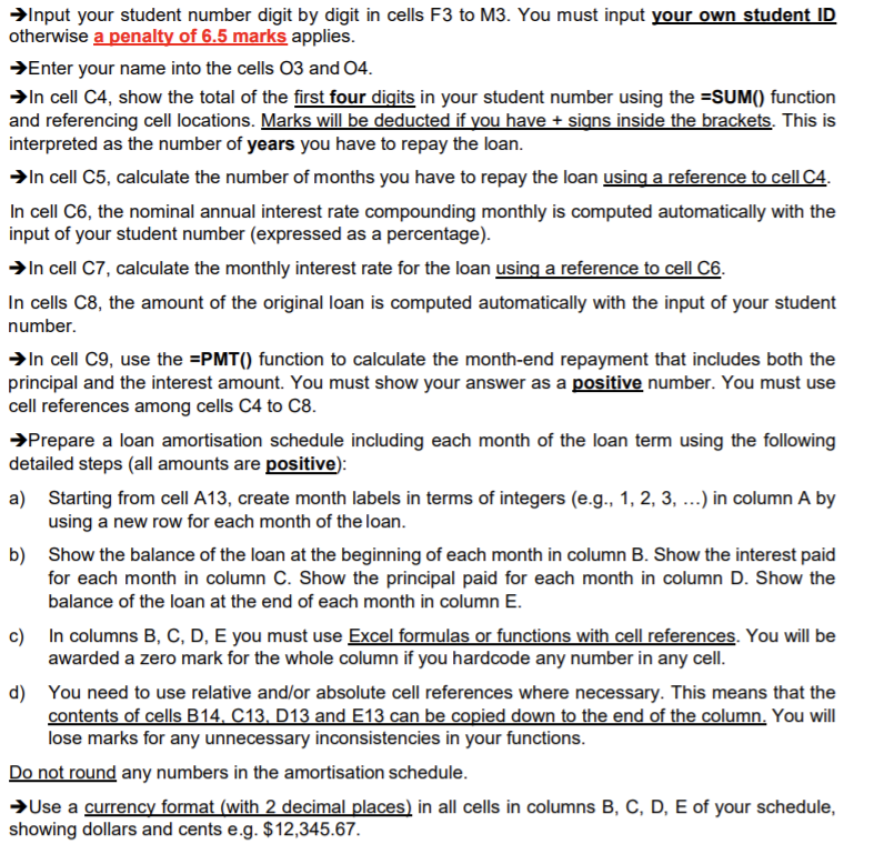  please excel solve that!!!please >Input your student number digit by digit