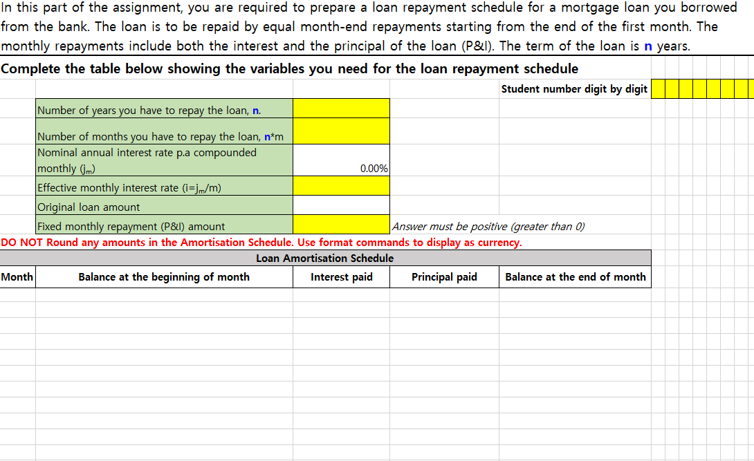 in cells F3 to M3. You must input your own student ID