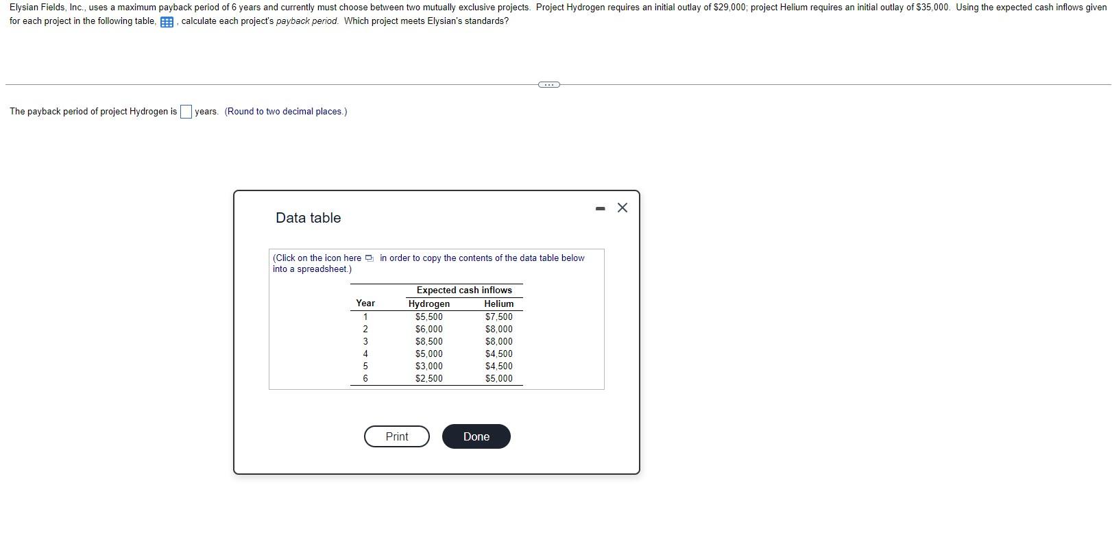 for each project in the following table, calculate each project's payback