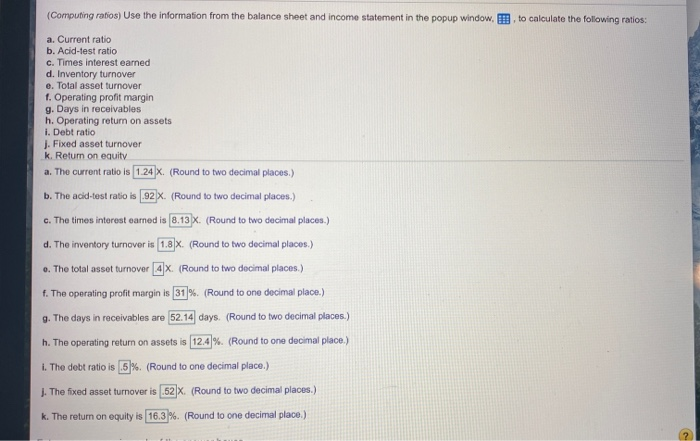  (Computing ratios) Use the information from the balance sheet and income