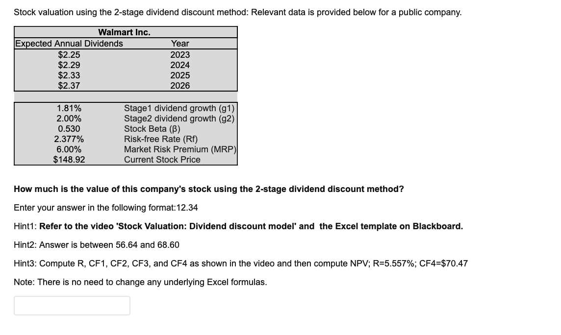 Stock valuation using the 2-stage dividend discount method: Relevant data is