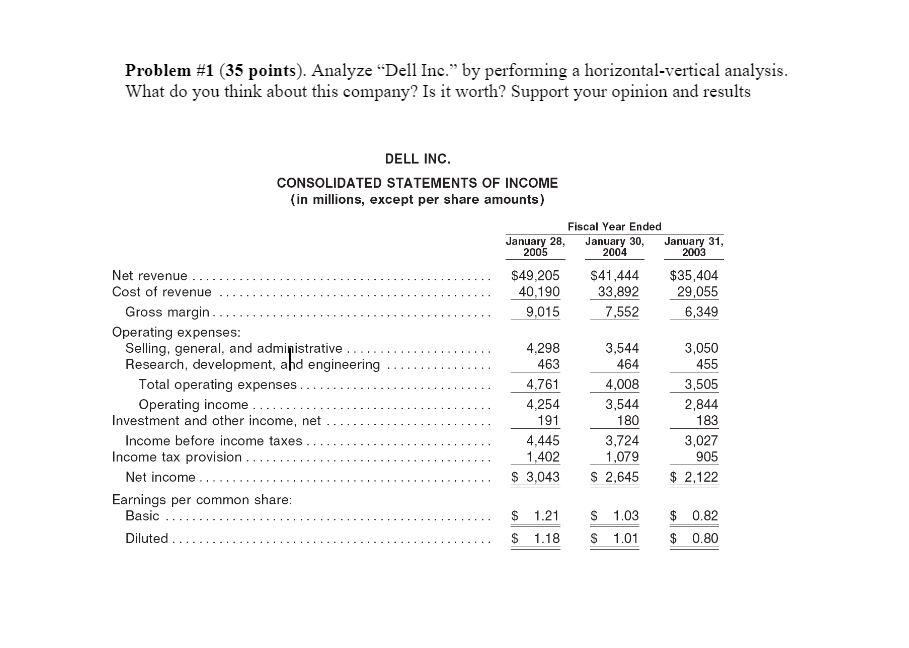 Problem \#1 (35 points). Analyze "Dell Inc." by performing a horizontal-vertical