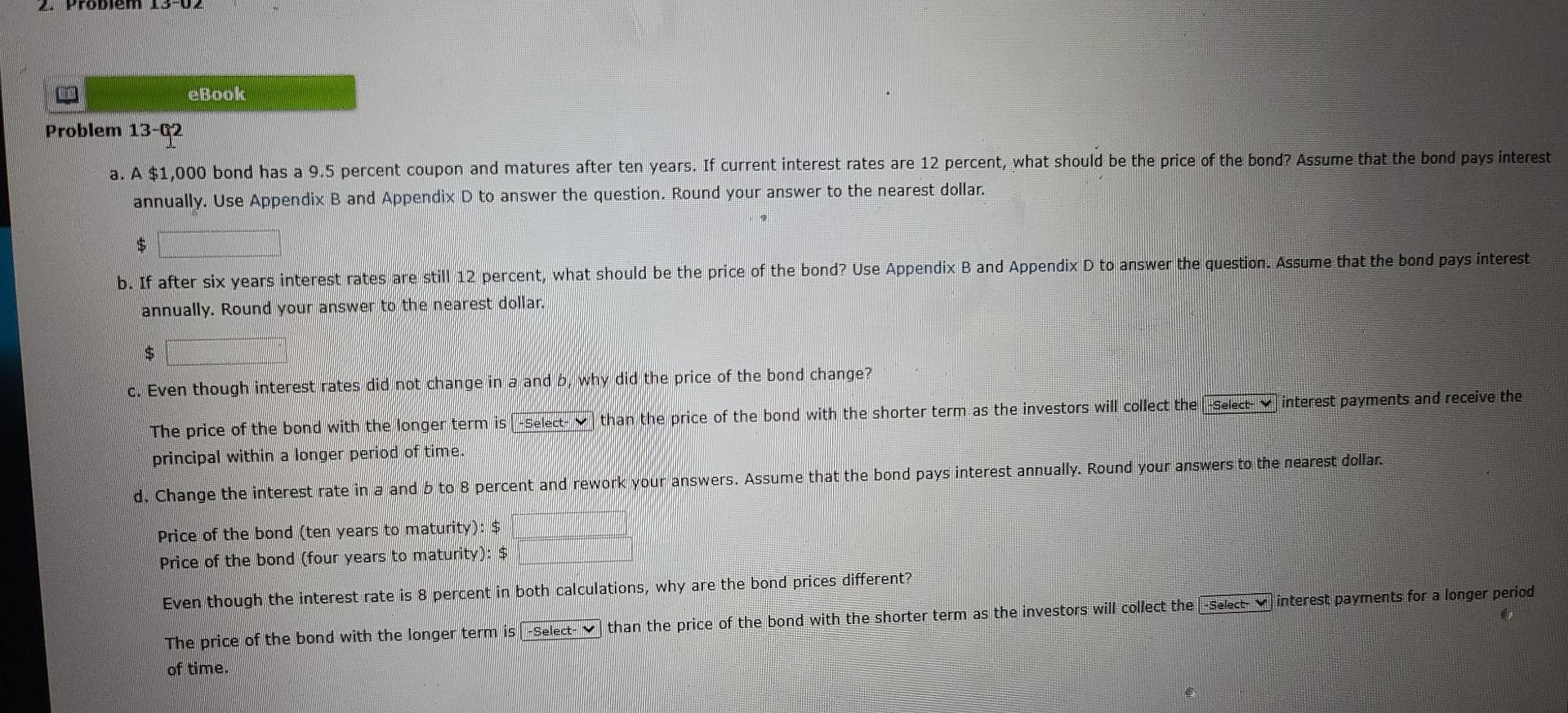  2 len 12 eBook Problem 13-02 13-02 a. A $1,000 bond