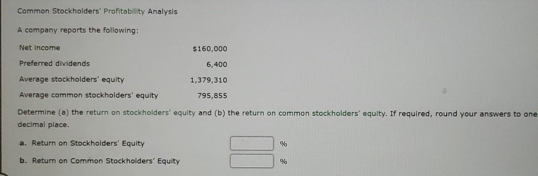  Common Stockholders' Profitability Analysis A company reports the following: Net Income