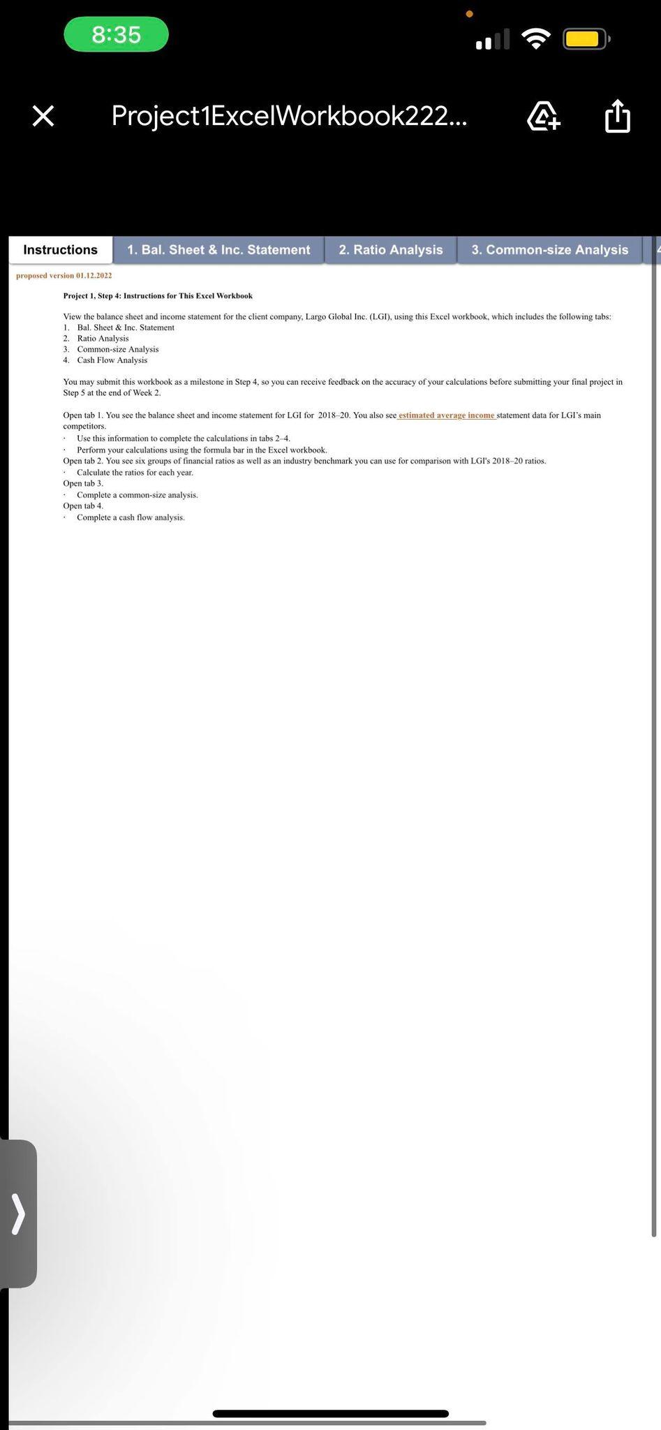 8:35 X Project1ExcelWorkbook222... A Instructions 1. Bal. Sheet & Inc. Statement