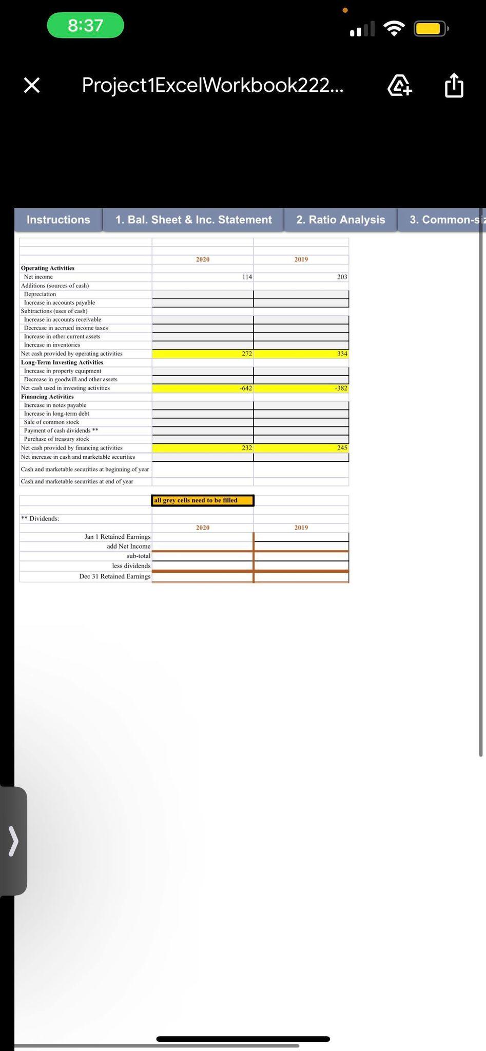 workbook, which includes the following tabs: 1. Bal. Sheet & Inc. Statement