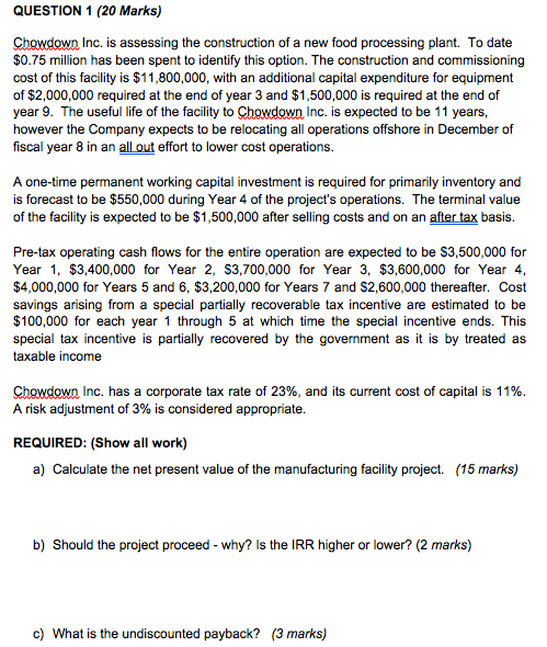 QUESTION 1 (20 Marks) Chowdown Inc. is assessing the construction of