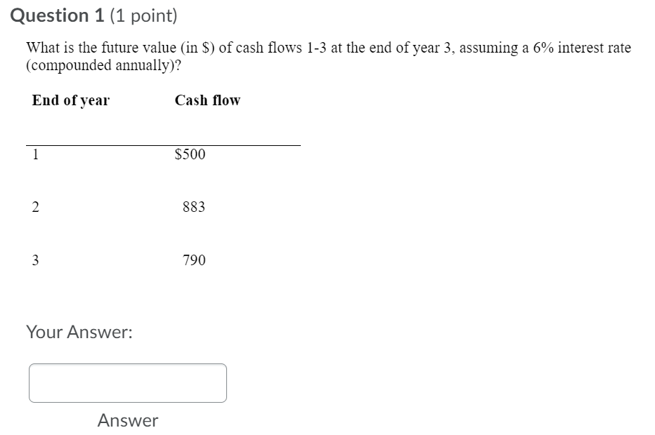 Question 1 (1 point) What is the future value (in $)