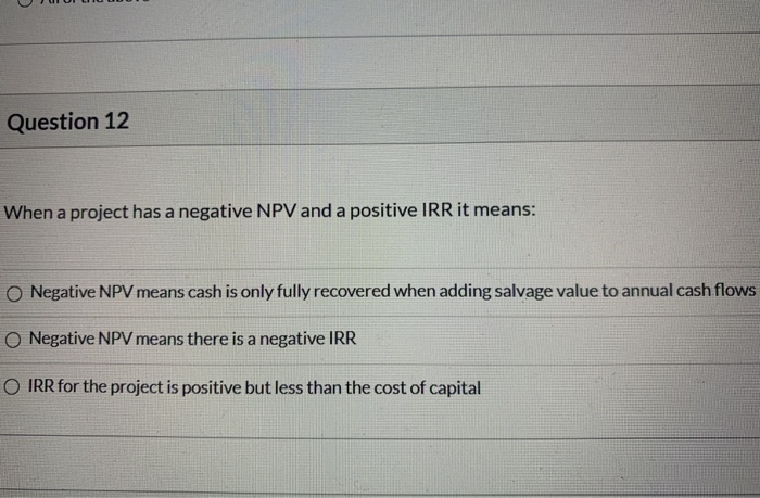  Question 12 When a project has a negative NPV and a