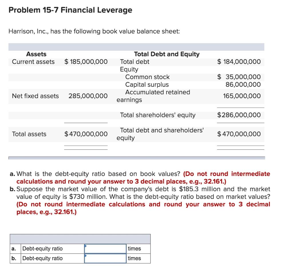  Problem 15-7 Financial Leverage Harrison, Inc., has the following book value