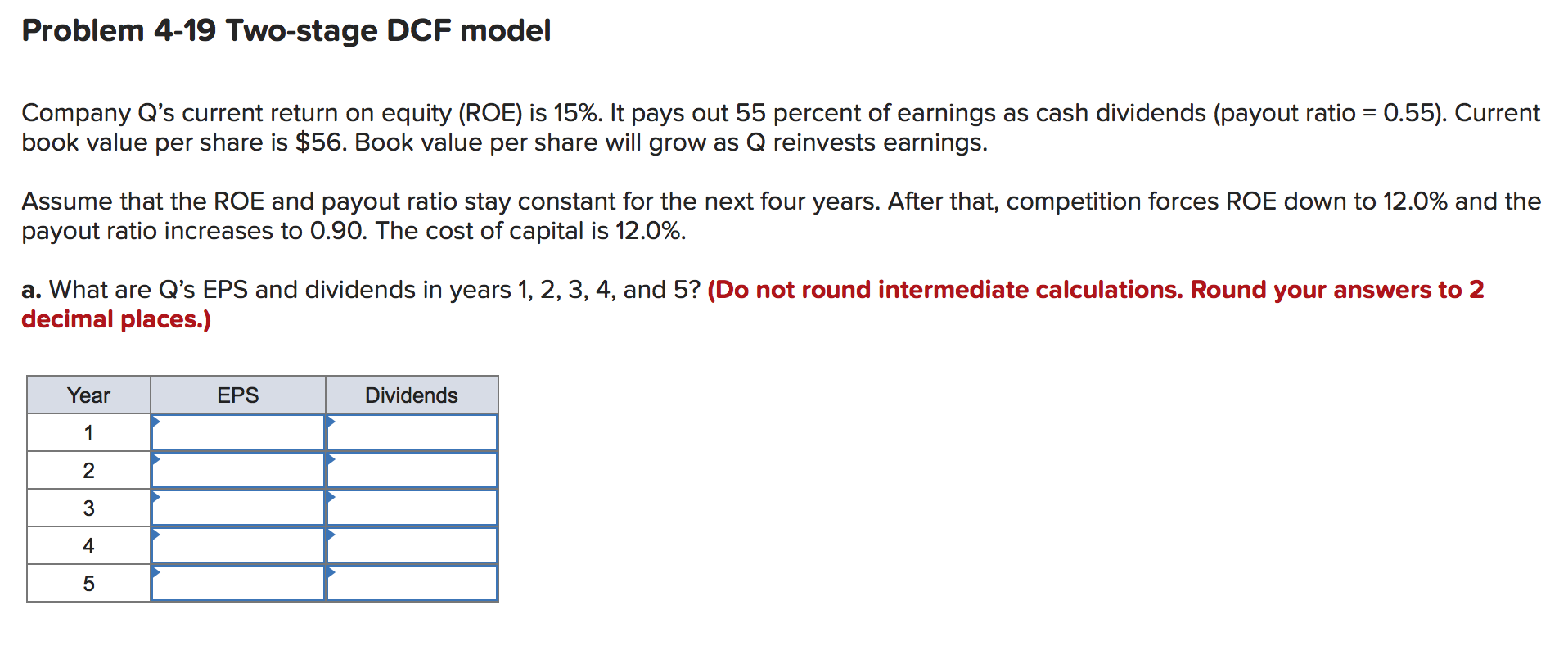  Problem 4-19 Two-stage DCF model Company Q's current return on equity