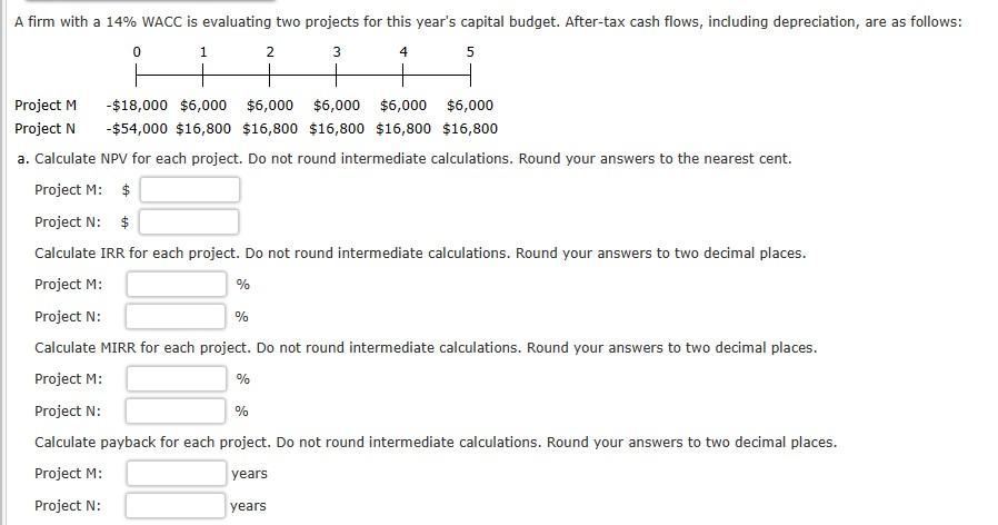  A firm with a 14% WACC is evaluating two projects for