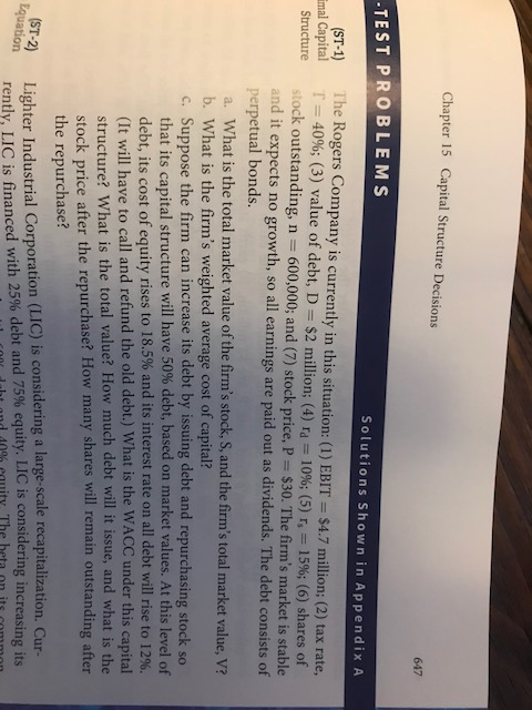  Chapter 15 Capital Structure Decisions 647 TEST PROBLEM S Solutions Shown