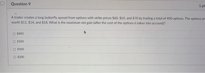  A trader creates a long butterfly spread from options with strike