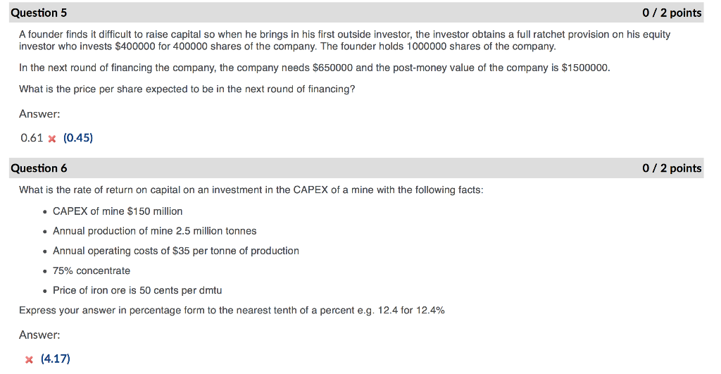 Q5s correct answer is 0.45 and Q6s correct answer is 4.17.