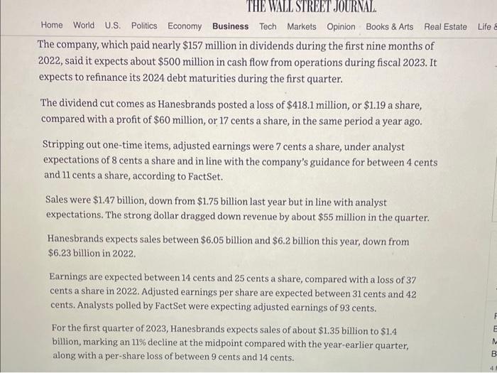 yield) appear in the article. Hanesbrands Shares Plunge After Dividend Cut, Gloomy