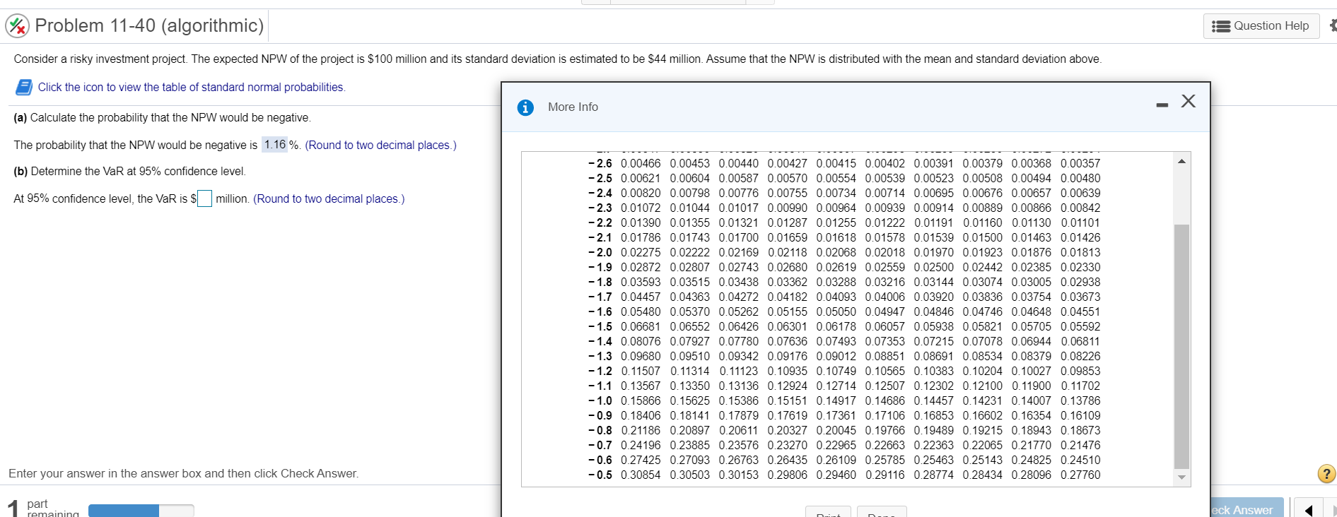 expected NPW of the project is $100 million and its standard deviation