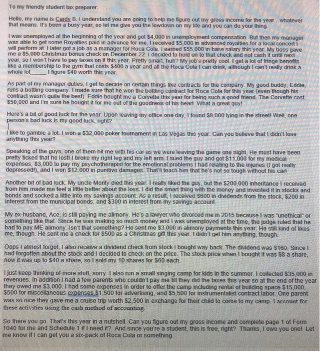  complete the tax return -form 1040, schedule 1 and Schedule A