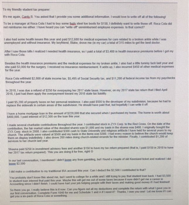 To my friendly student tax preparer Hello, my name is Cardy, B.