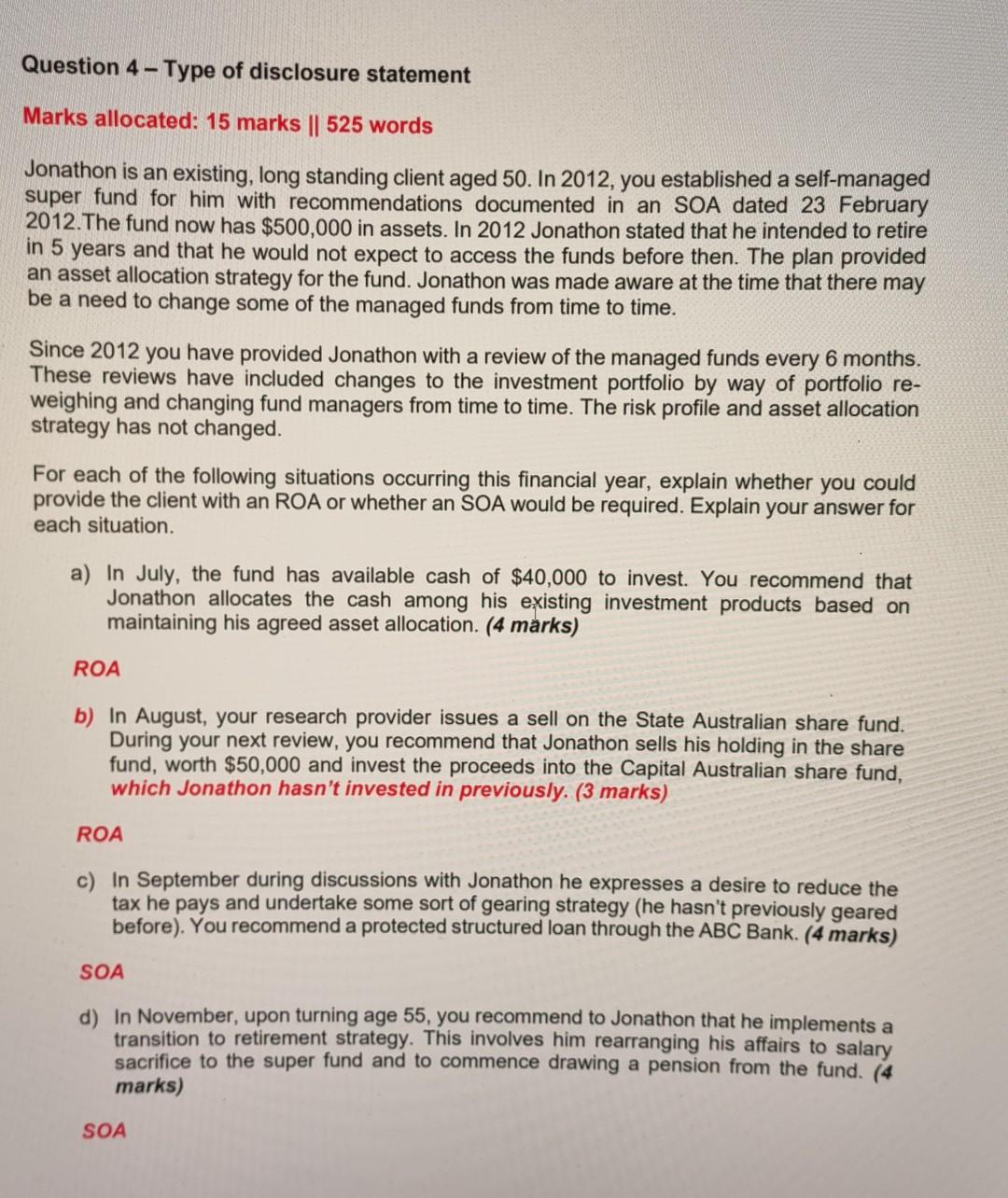 Question 4-Type of disclosure statement Marks allocated: 15 marks || 525