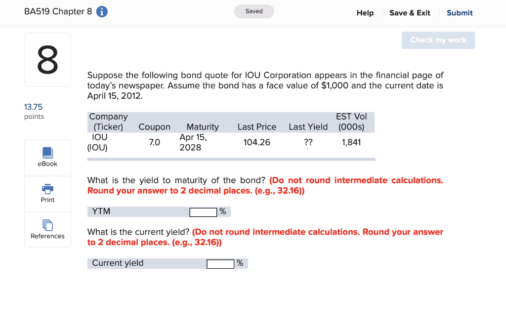 BA519 Chapter 8 0 Saved Help Save & Exit Submit Check