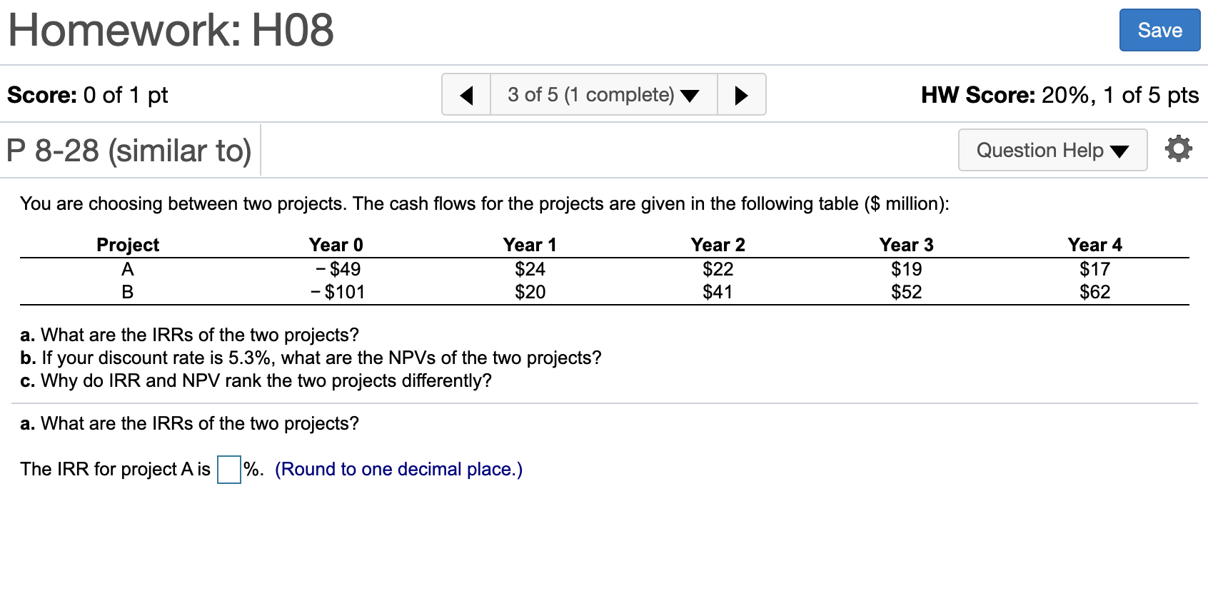  You are choosing between two projects. The cash flows for the