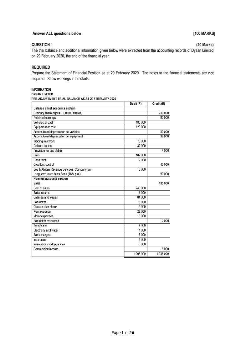  Answer ALL questions below [100 MARKS] QUESTION 1 (20 Marks) The