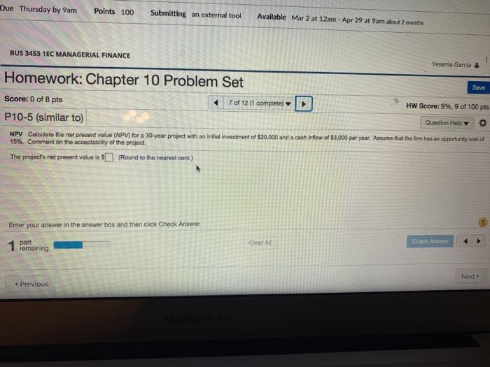  Due Thursday by 9am Points 100 Submitting an external tool Available