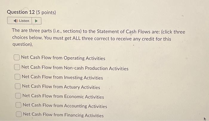  PLEASE ANSWER SOON! Question 12 (5 points) Listen The are three
