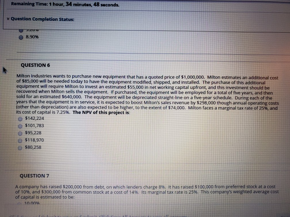 Remaining Time: 1 hour, 34 minutes, 48 seconds. Question Completion Status: