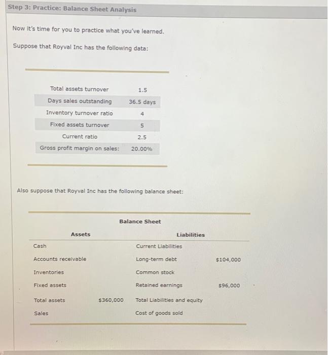  Step 3: Practice: Balance Sheet Analysis Now it's time for you