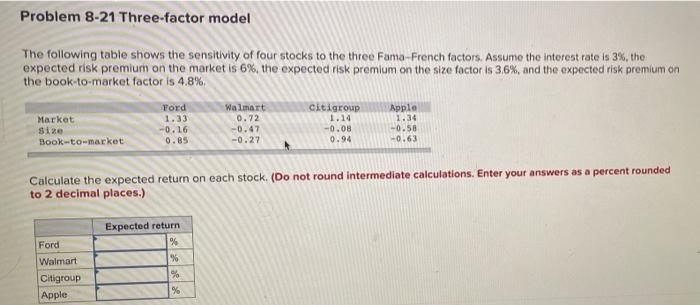  Problem 8-21 Three-factor model The following table shows the sensitivity of