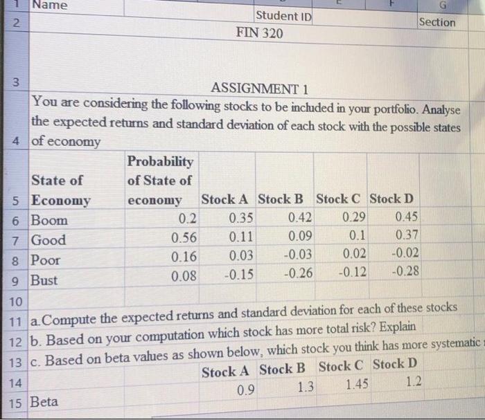  Name 2 Student ID FIN 320 Section 3 ASSIGNMENT 1 You