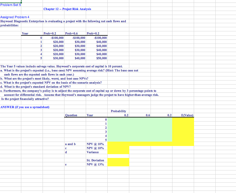  Problem Set 5 Chapter 12 - Project Risk Analysis Assigned Problem
