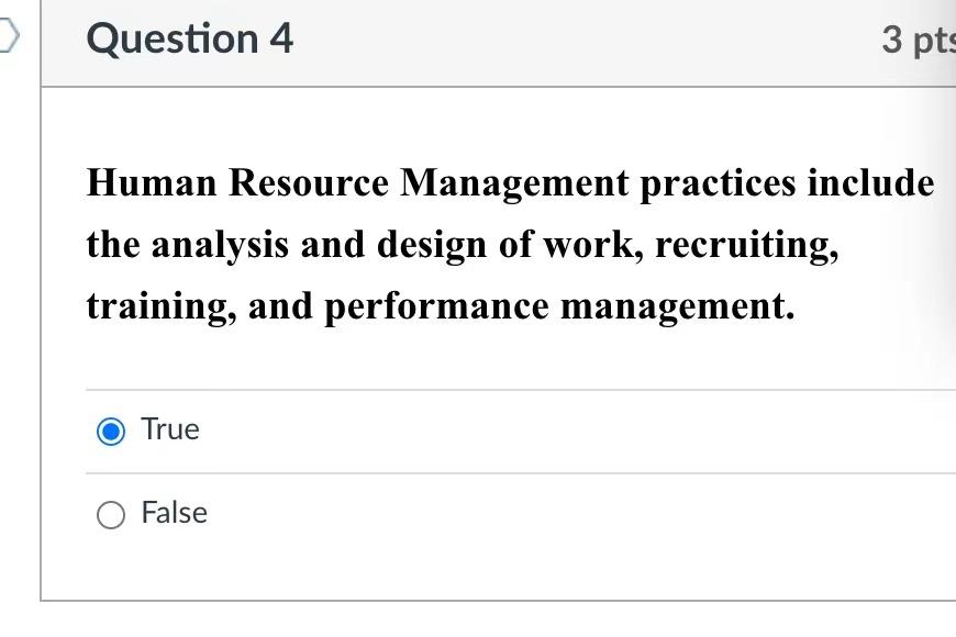  Question 4 3 pts Human Resource Management practices include the analysis