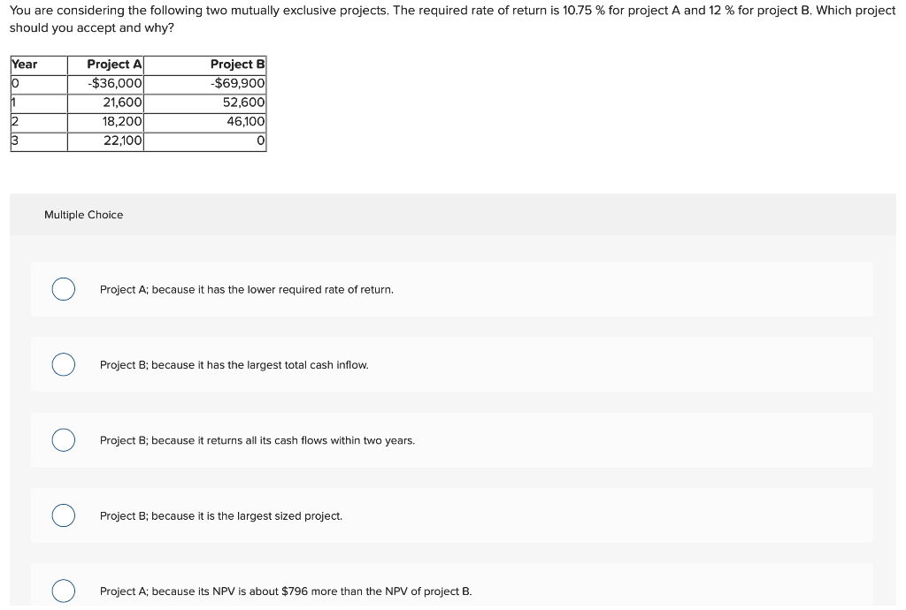  You are considering the following two mutually exclusive projects. The required