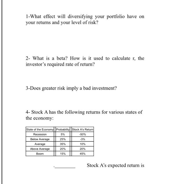  1-What effect will diversifying your portfolio have on your returns and